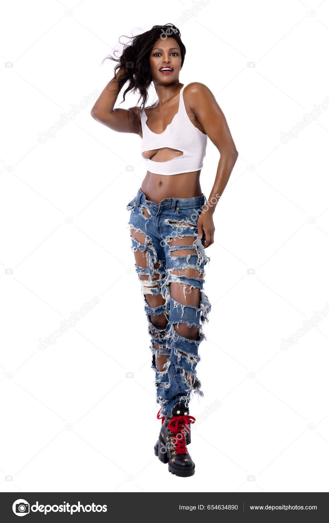Beautiful Black Woman in Torn Jeans and Tank Top Grunge Look
